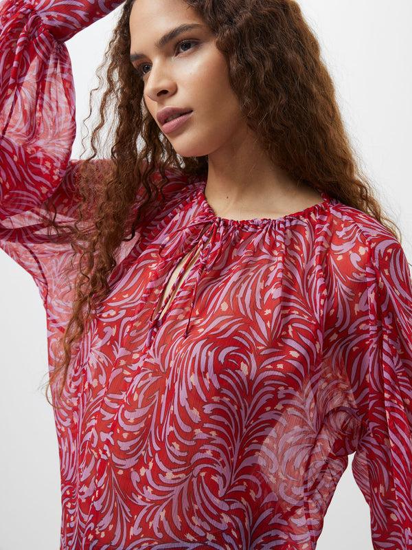 fcuk Printed Chiffon Keyhole Long Sleeve Top Scarlet Red Multi