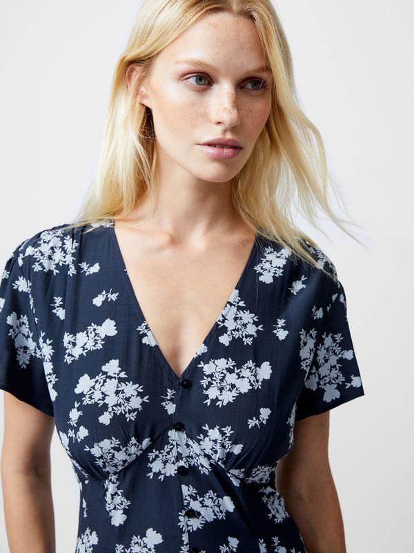 Fcuk Raquel Eco Flutter Sleeve V-Neck Midi Dress Navy