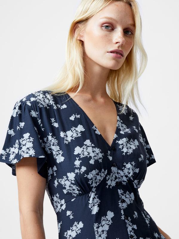 Fcuk Raquel Eco Flutter Sleeve V-Neck Midi Dress Navy