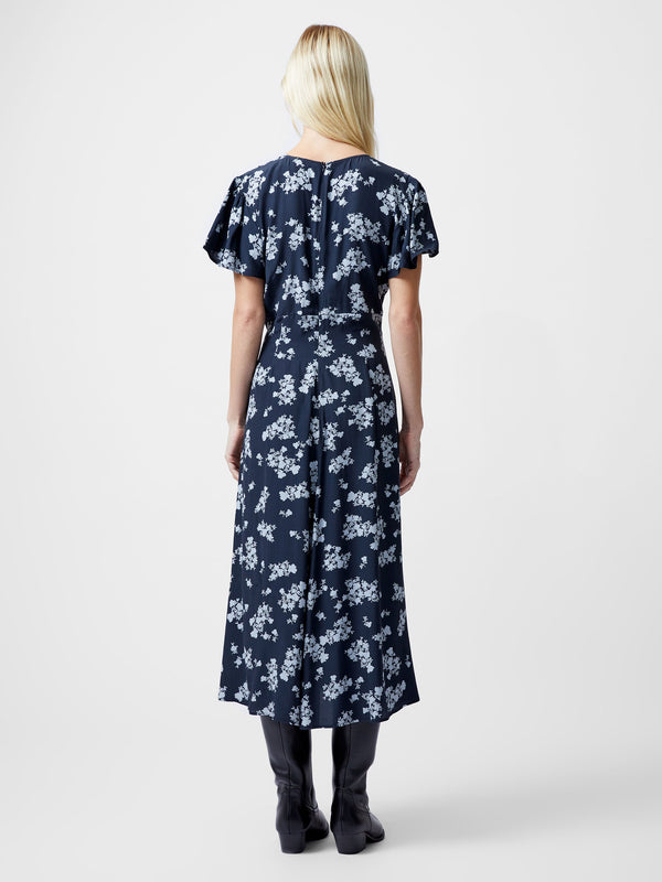 Fcuk Raquel Eco Flutter Sleeve V-Neck Midi Dress Navy