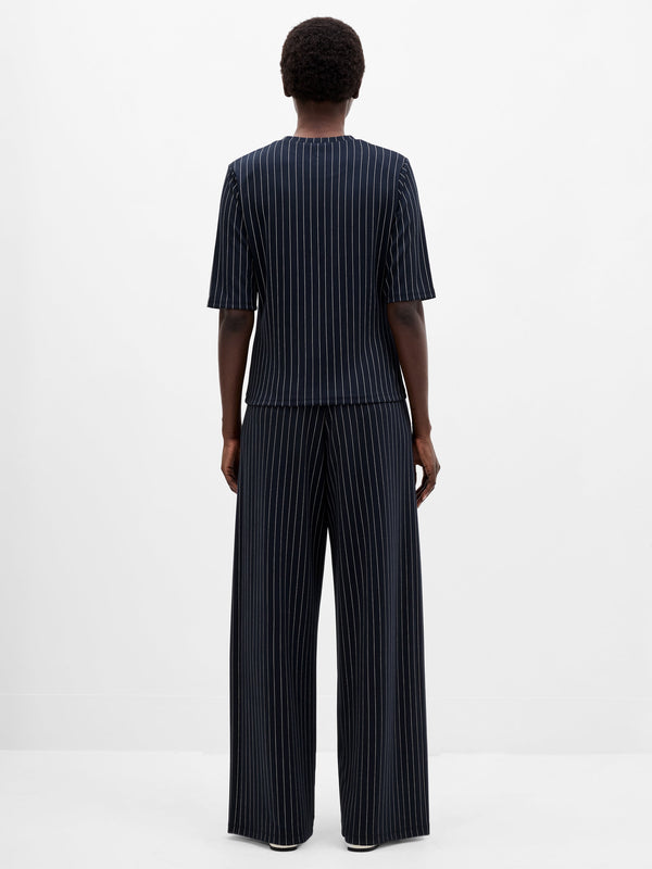Fcuk Regina Jersey Pinstripe Shoulder Pad T-Shirt Navy White