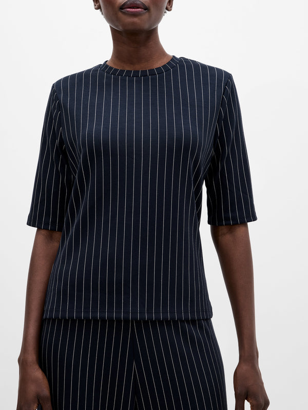 Fcuk Regina Jersey Pinstripe Shoulder Pad T-Shirt Navy White