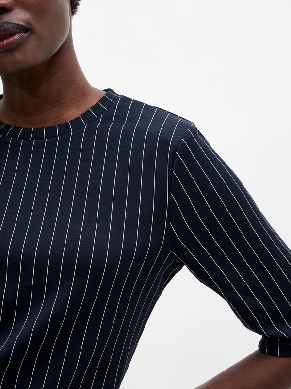 Fcuk Regina Jersey Pinstripe Shoulder Pad T-Shirt Navy White