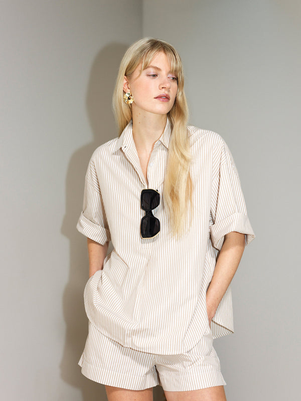 fcuk Rhodes Poplin Stripe Popover Shirt Incense/Porcelain Cr
