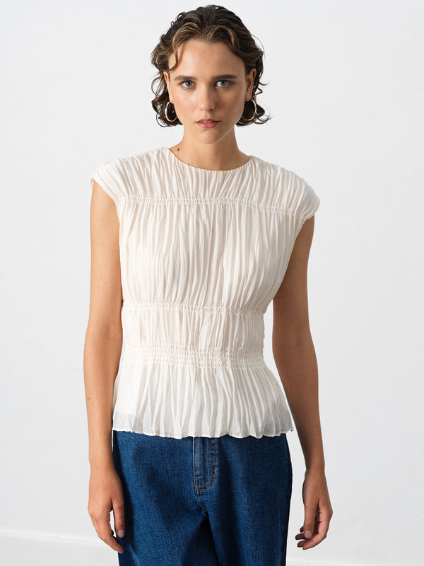 Fcuk Saylor Pleated Georgette Sleeveless Top Porcelain Cream
