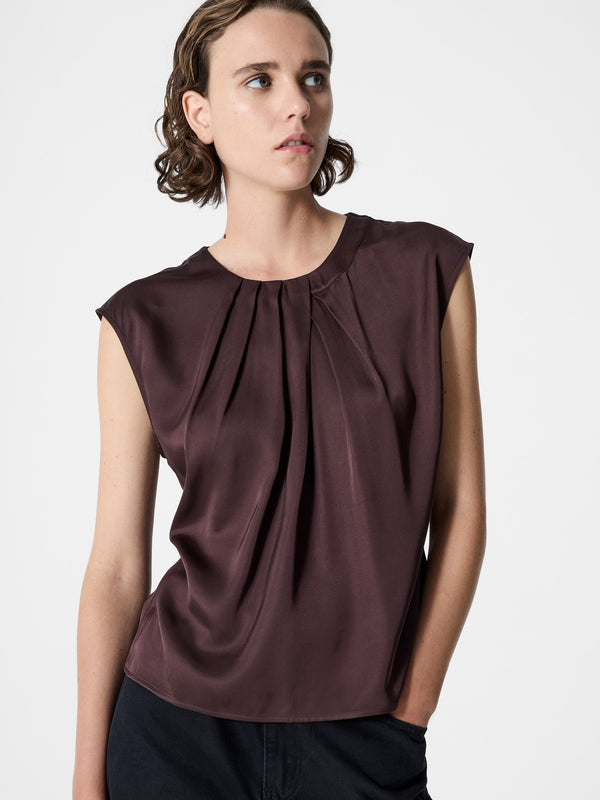 Fcuk Sera Eco Satin Pleated Sleeveless Blouse Bitter Chocolate