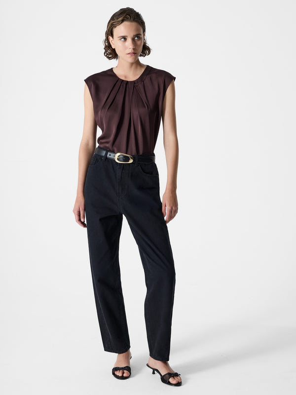 Fcuk Sera Eco Satin Pleated Sleeveless Blouse Bitter Chocolate