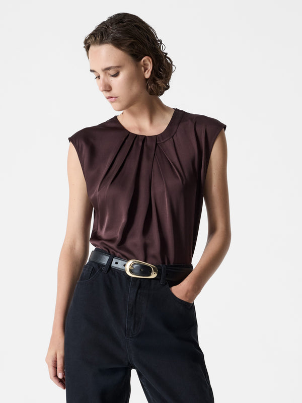 Fcuk Sera Eco Satin Pleated Sleeveless Blouse Bitter Chocolate