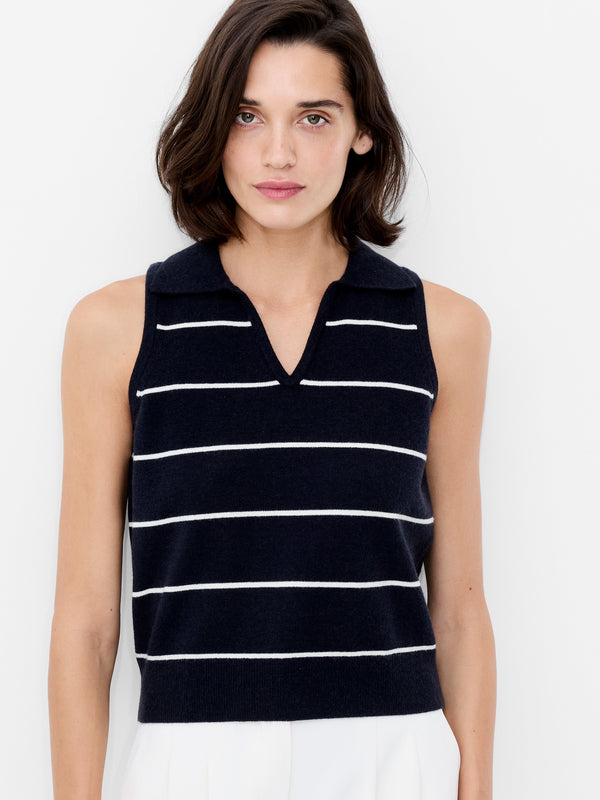 fcuk Sloane Knit Collared Sleeveless Top Marine/Porcelain Crm