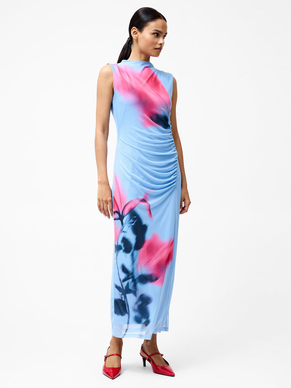 Fcuk Smokey Placement Sleeveless Floral Maxi Dress Light Blue Multi