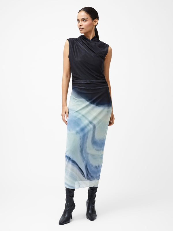 Fcuk Toni Wrap Neck Printed Midi Dress Navy/Sky Blue Multi