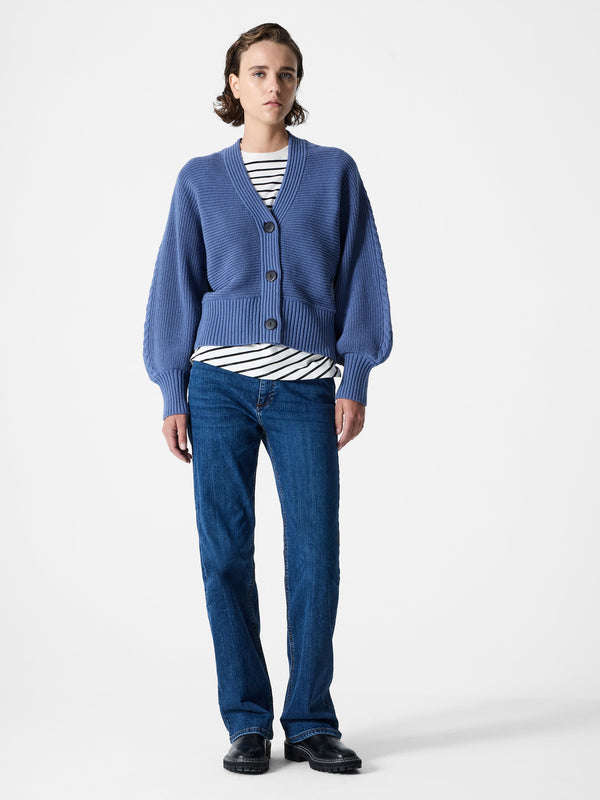 Fcuk Tonia Knit V Neck Cable Sleeve Cardigan Slate Blue