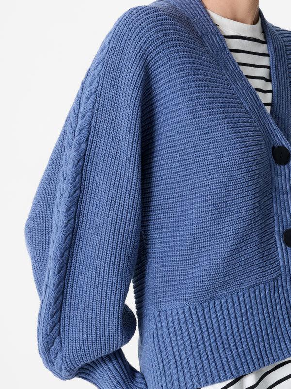 Fcuk Tonia Knit V Neck Cable Sleeve Cardigan Slate Blue