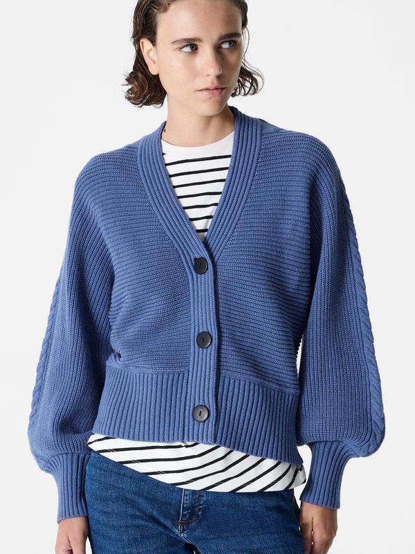 fcuk Tonia Knit V Neck Cable Sleeve Cardigan Slate Blue