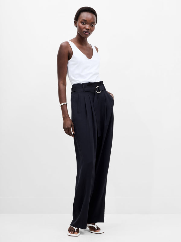 Fcuk Vinnie Tailored D-Ring Belted Wide Leg Trousers Navy