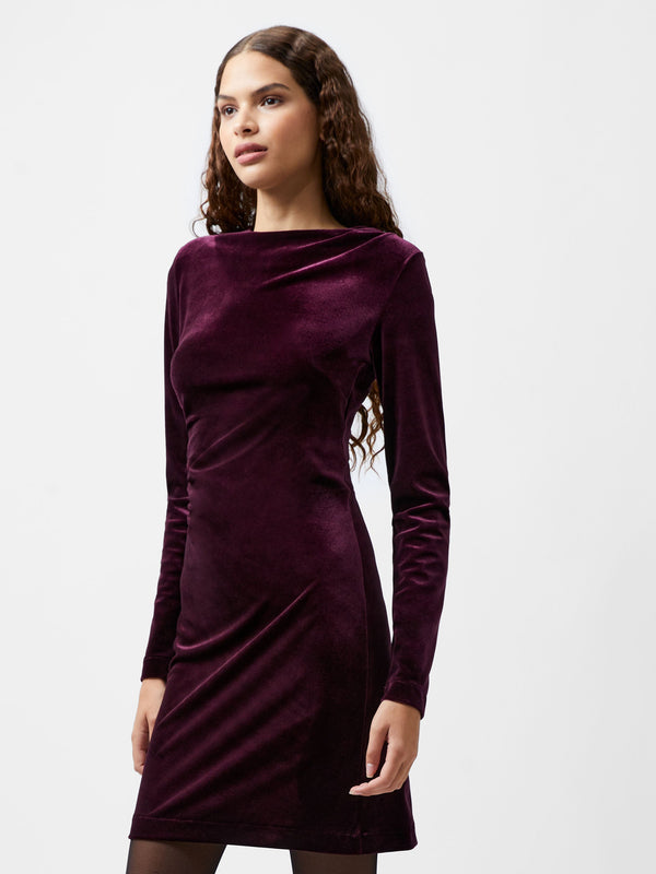 Fcuk Viola Velvet Long Sleeve Bodycon Mini Dress Burgundy Red