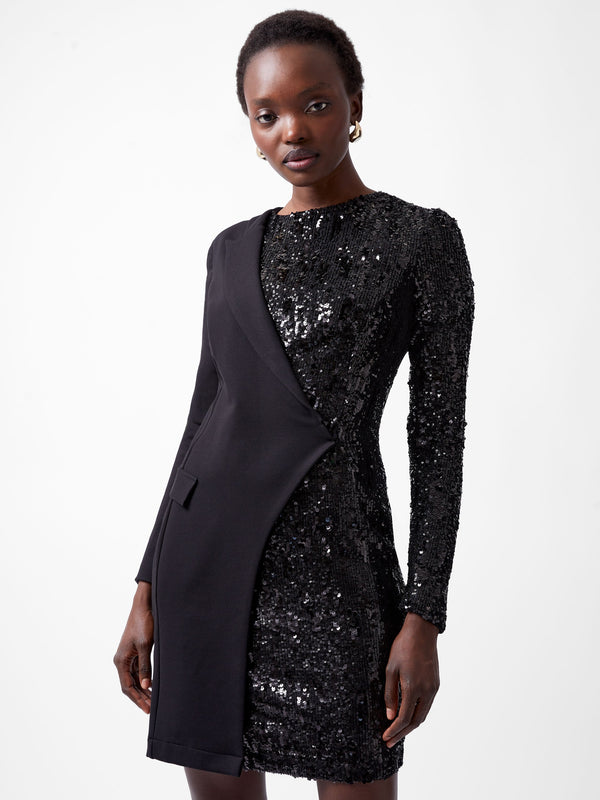 Fcuk Xia Ponte Sequin Jersey Blazer Mini Dress Blackout