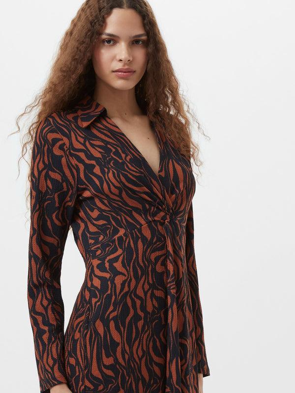 Fcuk Zaria Textured Abstract Print Long Sleeve Dress Black/Brown