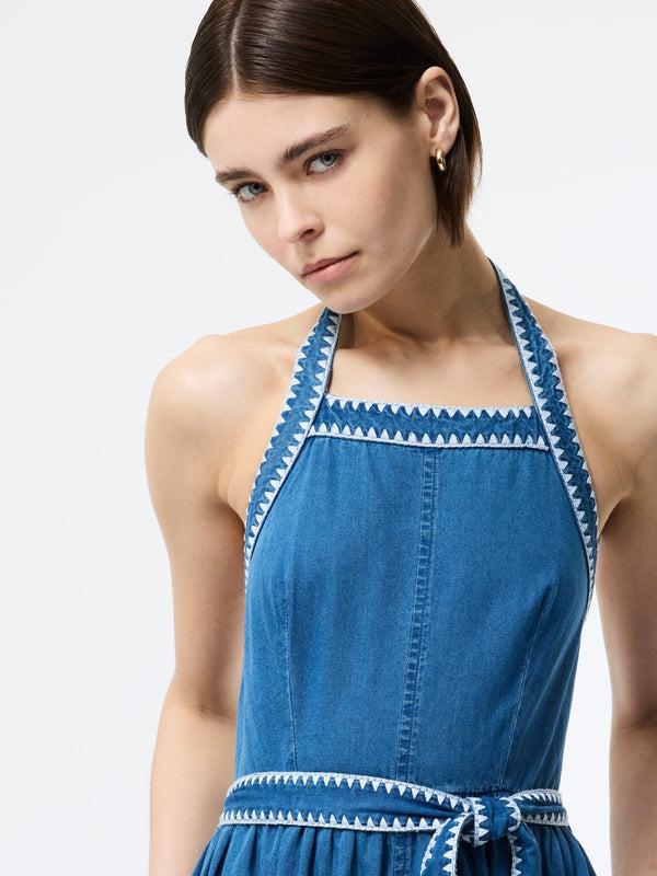 Fcuk Zaves Chambray Denim Halterneck Midi Dress Vintage Blue