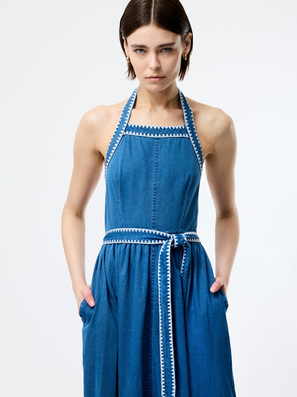 Fcuk Zaves Chambray Denim Halterneck Midi Dress Vintage Blue
