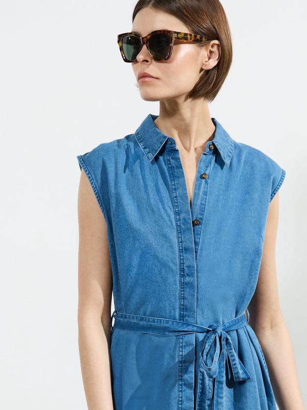 Fcuk Zaves Chambray Denim Midi Dress Light Mid Wash