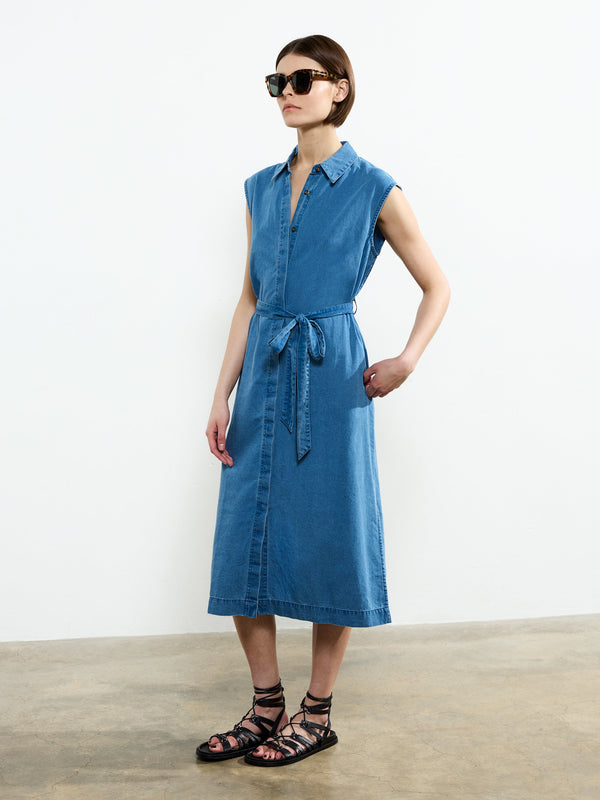 Fcuk Zaves Chambray Denim Midi Dress Light Mid Wash