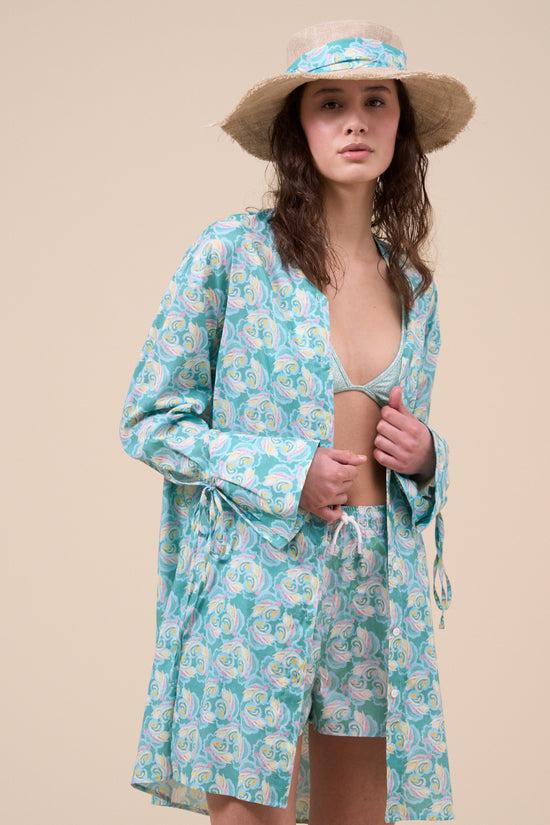 Fedeli Ade Printed Cotton Voile Long Shirt - Floral Swirl Pattern GREEN