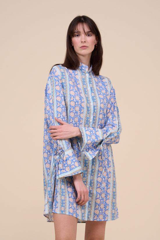 Fedeli Ade Printed Cotton Voile Long Shirt - Flowers And Striped Pattern STEELBLUE