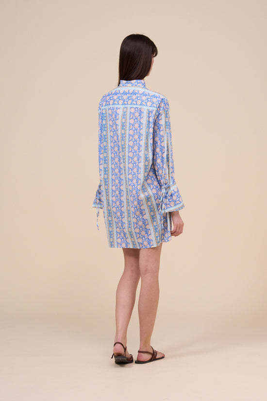 Fedeli Ade Printed Cotton Voile Long Shirt - Flowers And Striped Pattern STEELBLUE