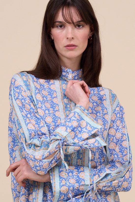 Fedeli Ade Printed Cotton Voile Long Shirt - Flowers And Striped Pattern STEELBLUE