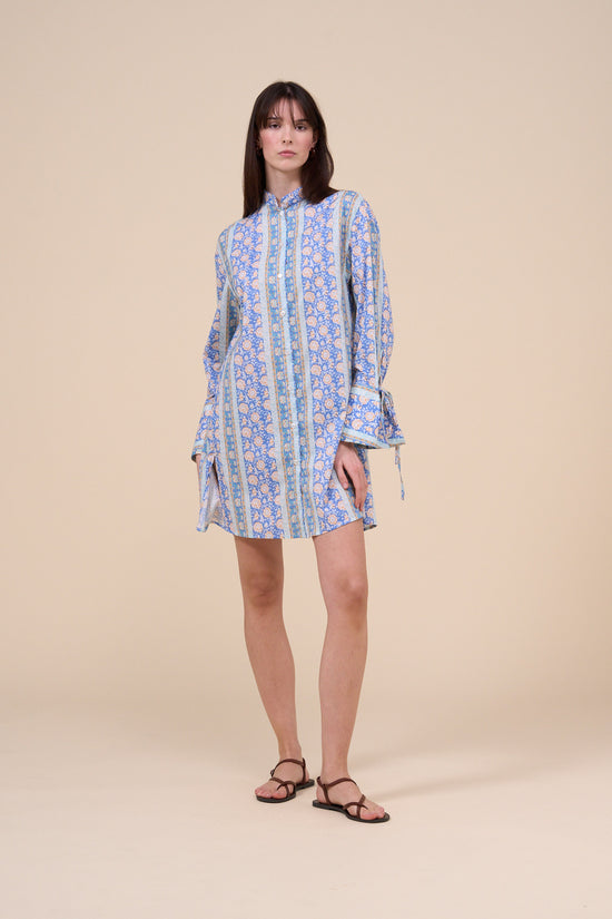 fedeli Ade Printed Cotton Voile Long Shirt - Flowers and Striped Pattern STEELBLUE