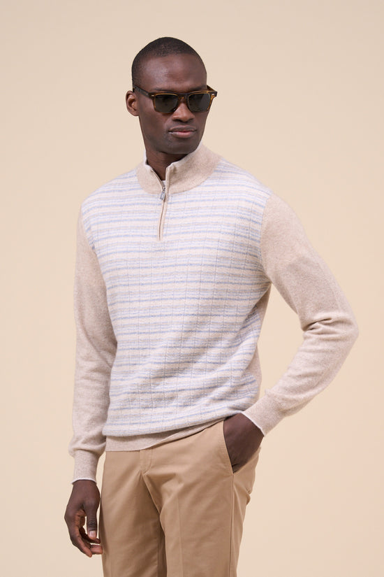 fedeli Alberto Cashmere Linen Striped Half-zipped Sweater GREIGE