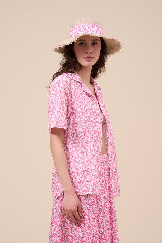 fedeli Bowling Printed Cotton Voile Short Sleeve Shirt - Botanical Floral Pattern LIGHTCORAL