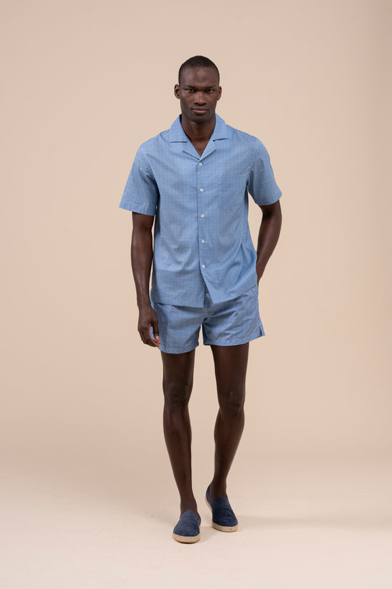 Fedeli Bowling Printed Cotton Voile Short Sleeve Shirt - Geometric Pattern MEDIUMBLUE