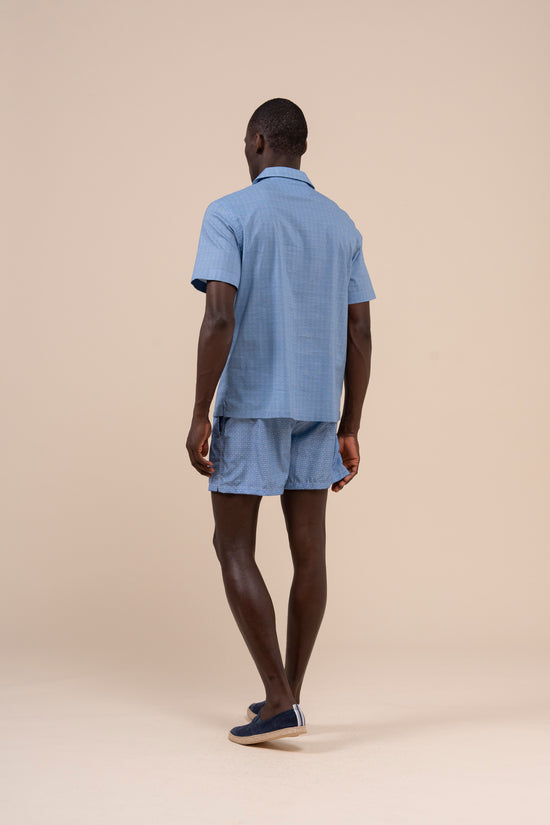 Fedeli Bowling Printed Cotton Voile Short Sleeve Shirt - Geometric Pattern MEDIUMBLUE