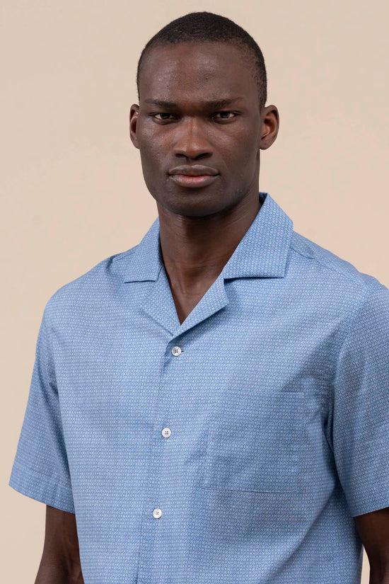 Fedeli Bowling Printed Cotton Voile Short Sleeve Shirt - Geometric Pattern MEDIUMBLUE