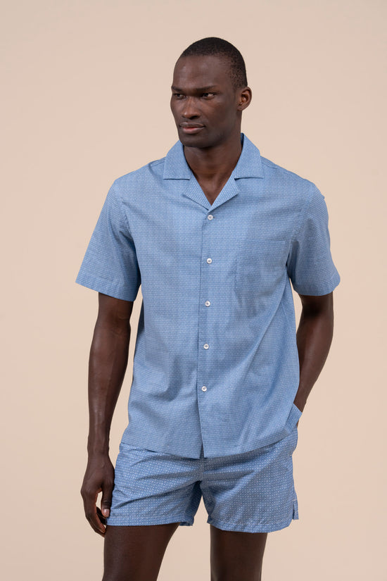 fedeli Bowling Printed Cotton Voile Short Sleeve Shirt - Geometric Pattern MEDIUMBLUE