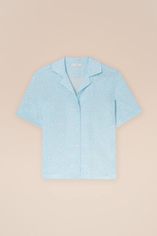 fedeli Bowling Printed Cotton Voile Short Sleeve Shirt - Majolica Pattern STEELBLUE