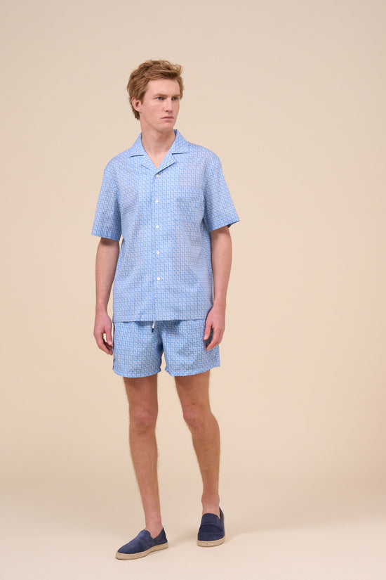Fedeli Bowling Printed Cotton Voile Short Sleeve Shirt - Vintage Pattern CORNFLOWERBLUE