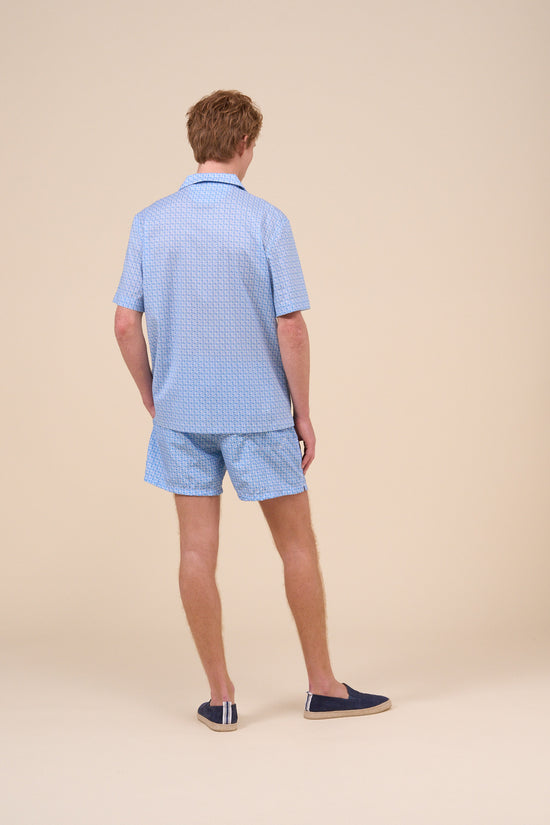 Fedeli Bowling Printed Cotton Voile Short Sleeve Shirt - Vintage Pattern CORNFLOWERBLUE