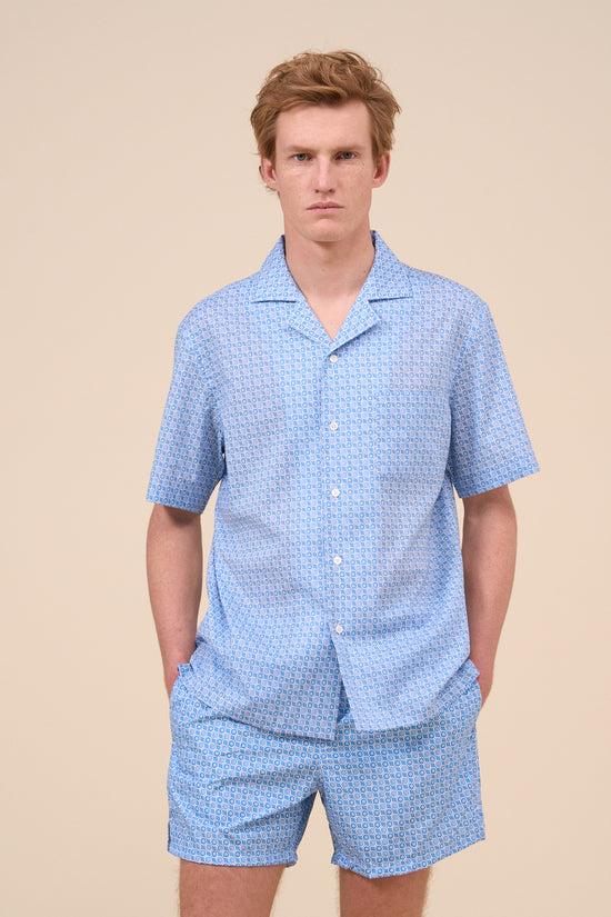 fedeli Bowling Printed Cotton Voile Short Sleeve Shirt - Vintage Pattern CORNFLOWERBLUE