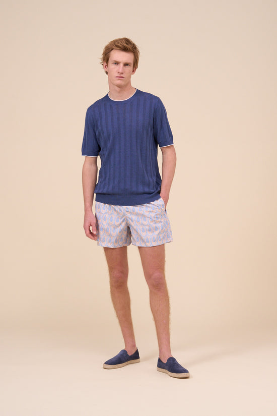 Fedeli Dax Tropico Linen Cotton Crewneck - Bicolor MEDIUMBLUE