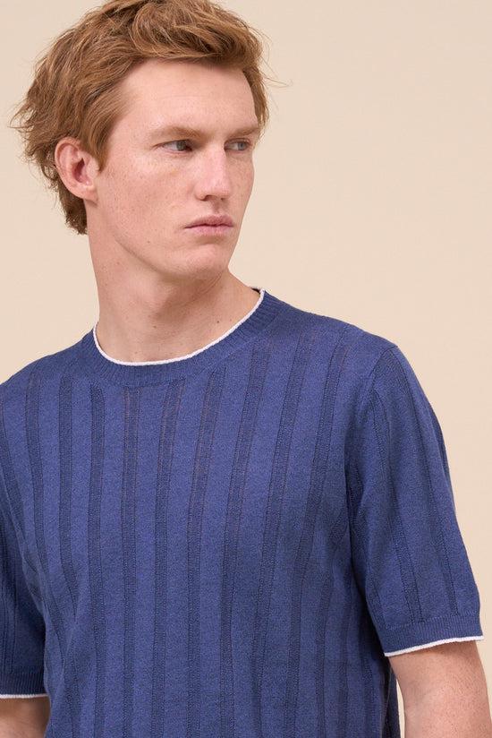 Fedeli Dax Tropico Linen Cotton Crewneck - Bicolor MEDIUMBLUE