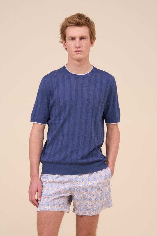 fedeli Dax Tropico Linen Cotton Crewneck - Bicolor MEDIUMBLUE