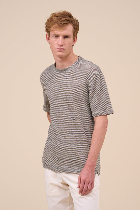 Fedeli Extra Linen Striped Short Sleeve T-shirt GREIGE