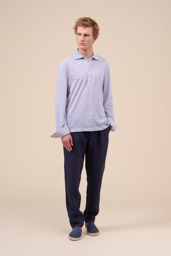 Fedeli Five Linen Cotton Melange Striped Polo Shirt STEELBLUE