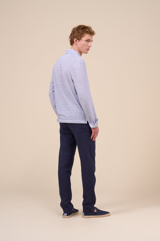 Fedeli Five Linen Cotton Melange Striped Polo Shirt STEELBLUE