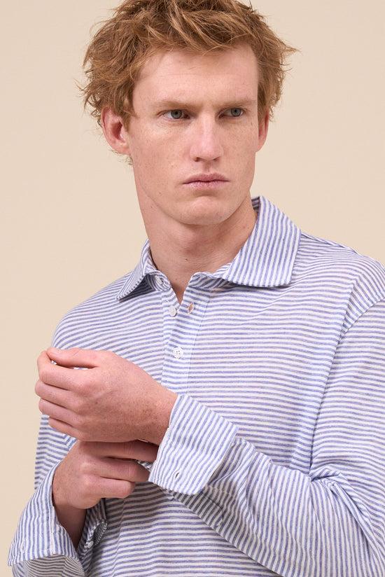 Fedeli Five Linen Cotton Melange Striped Polo Shirt STEELBLUE