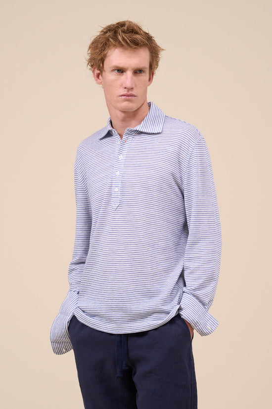 fedeli Five Linen Cotton Melange Striped Polo Shirt STEELBLUE