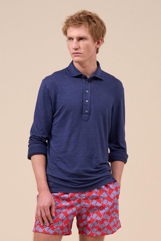 Fedeli Five Linen Flex Dusty Long Sleeve Polo CORNFLOWERBLUE